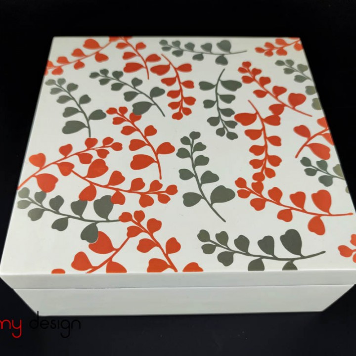 Square lacquer box hand-painted with branches and leaves included with stand 25cm